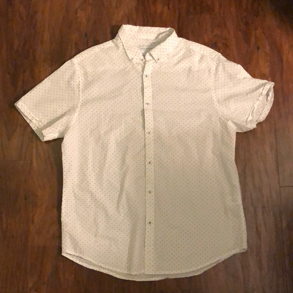 Young Men’s Denim & Flower Collared Button-Down Shirt, Large, Slim Fit, White